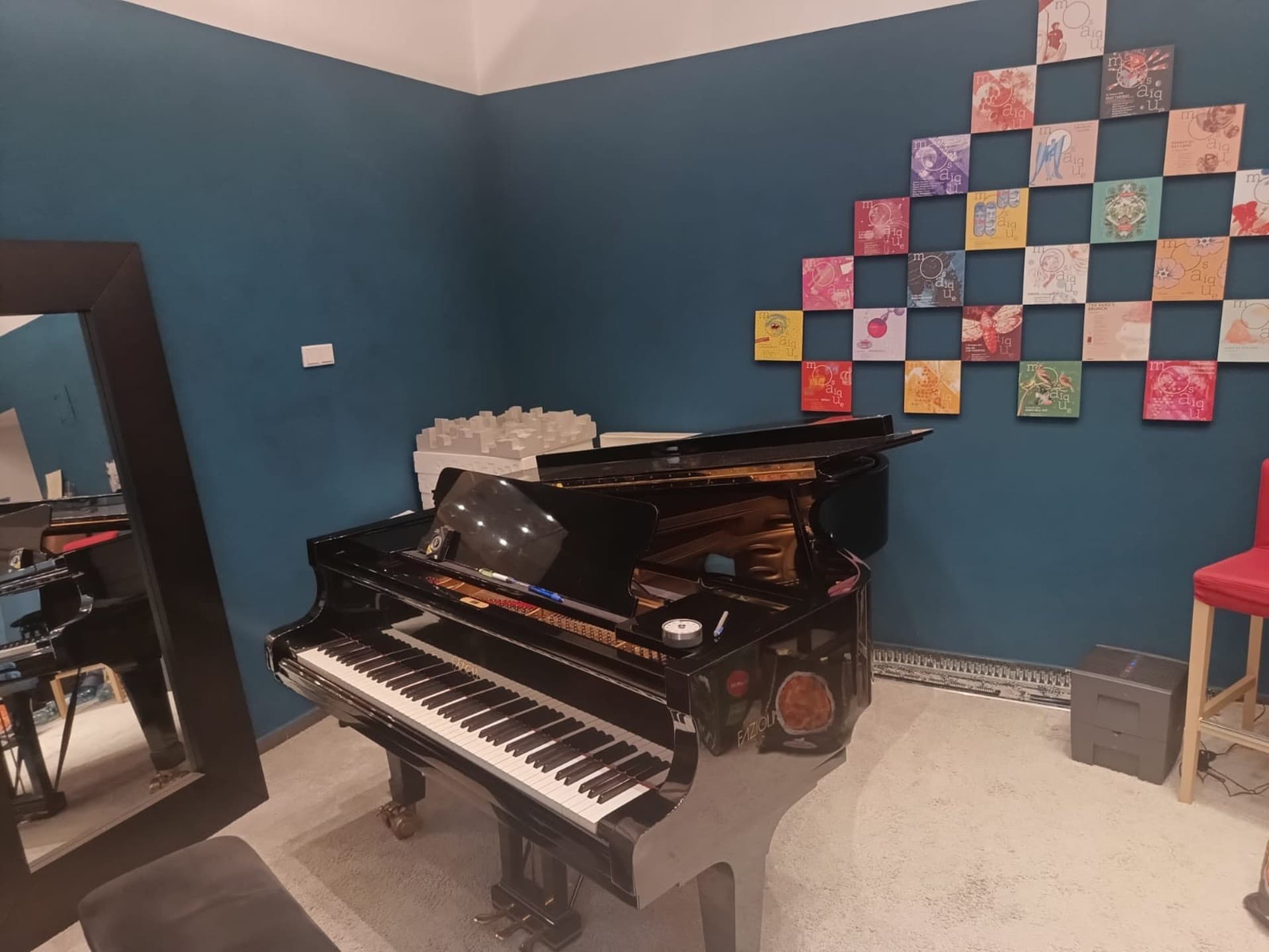 Includes a concert Fazioli grand, accordion and e-piano on request as well as recording equipment (can be booked at additional cost), loads of scores, music stands and several chairs.